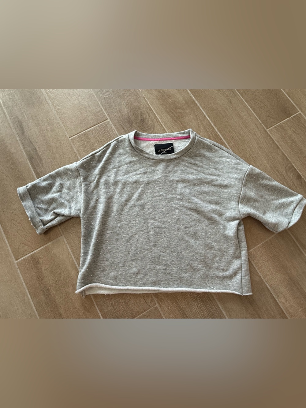 Le Superbe Light Gray Rhinestone Crewneck Top